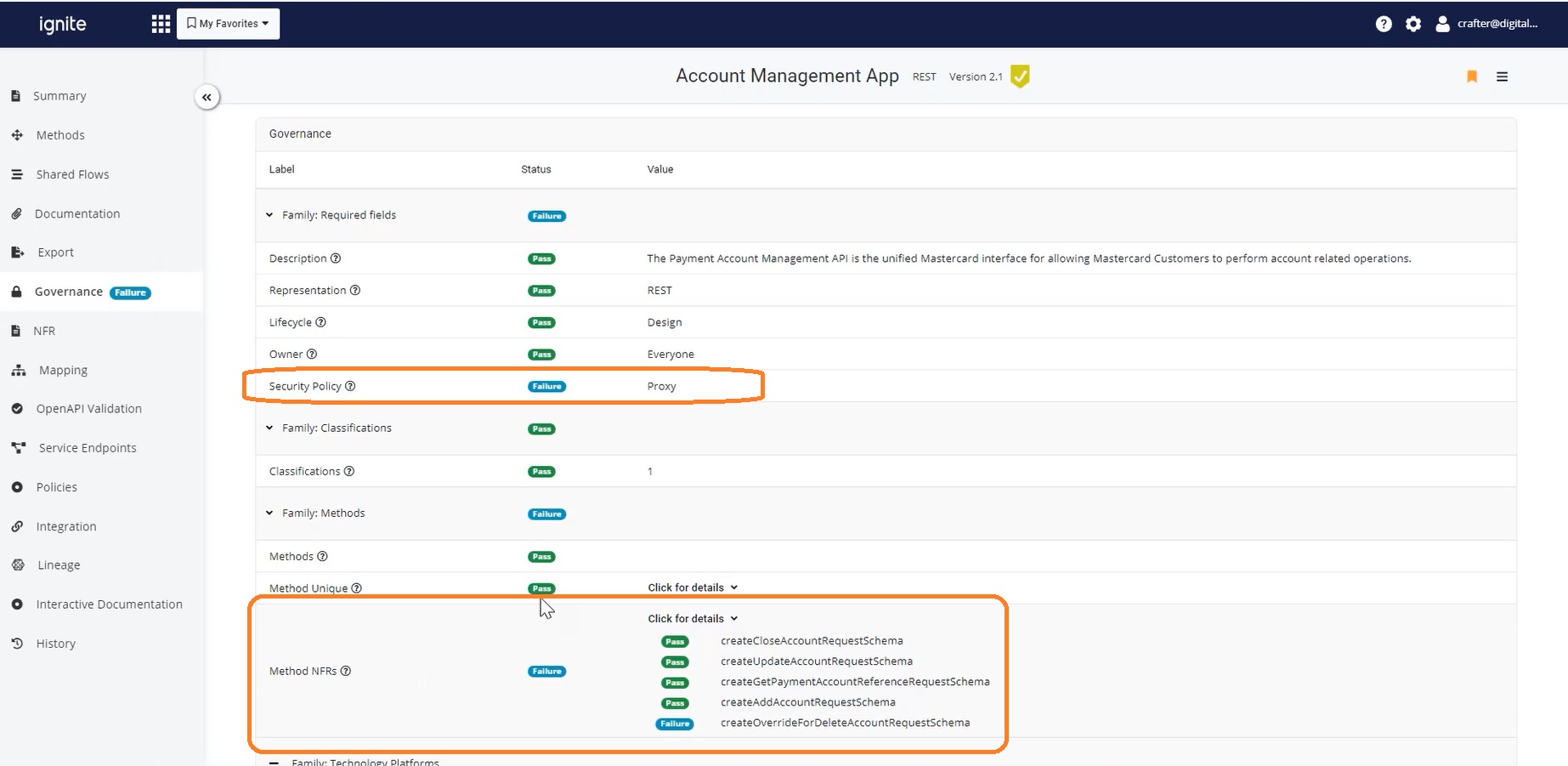screenshot showing API governance in ignite Platform