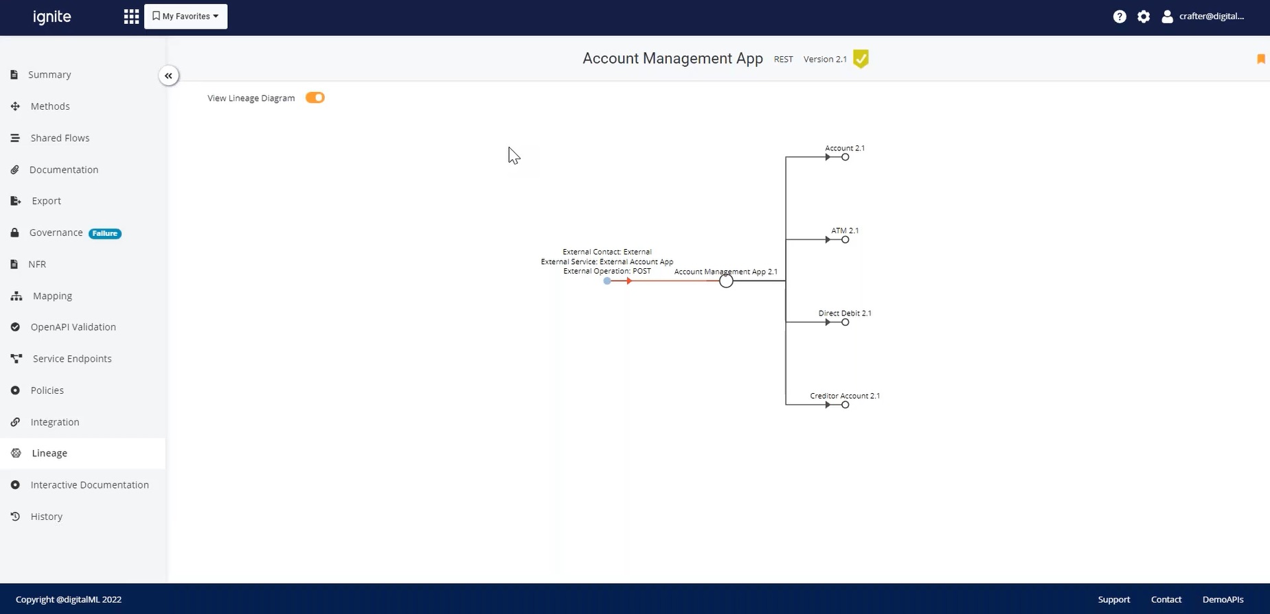 screenshot showing API lineage in ignite Platform